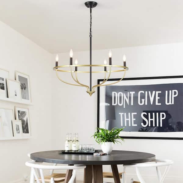 6-Light Black and Gold Traditional Circle Hanging Candlestick Linear Chandelier Lighting for Dining Room Kitchen Island