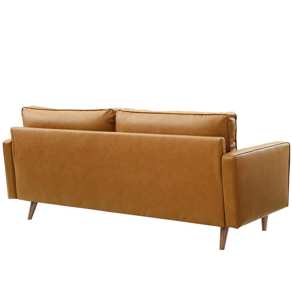 Brown Tufted Faux Leather Sofa with Walnut Wood Legs