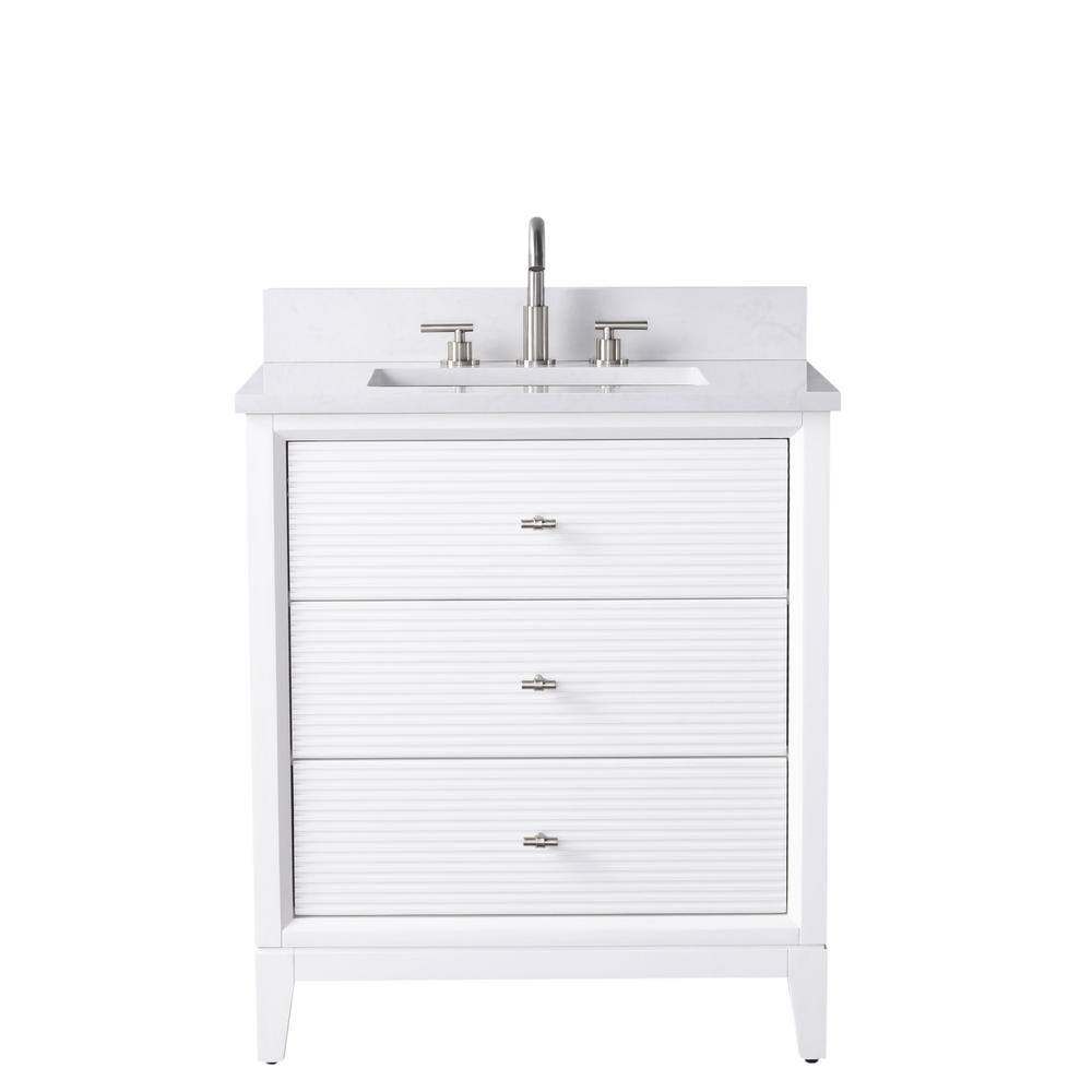 30 in. W Single Sink Freestanding White Bath Vanity Cabinet with Ariston White Engineered Marble Top