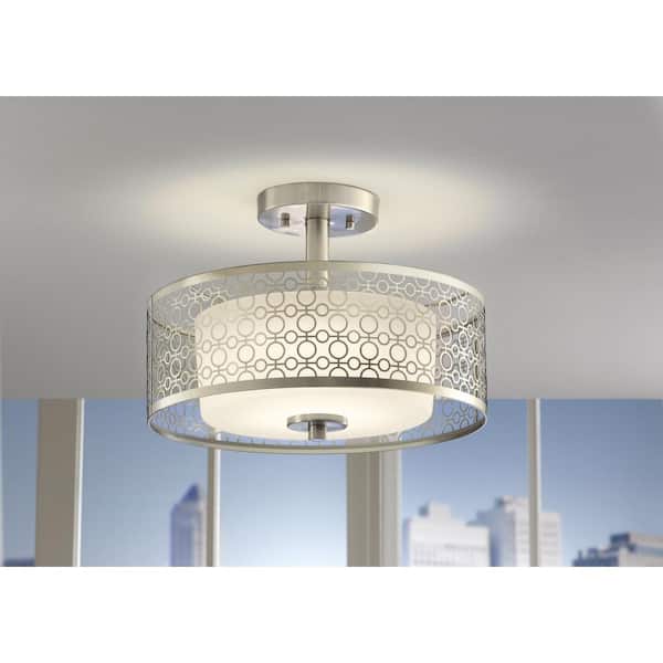 Hampton Bay Toberon 14 in. 1-Light Brushed Nickel LED Semi-Flush Mount with Etched Parchment Glass Shade