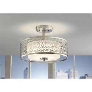 Toberon 14 in. 1-Light Brushed Nickel LED Semi-Flush Mount with Etched Parchment Glass Shade