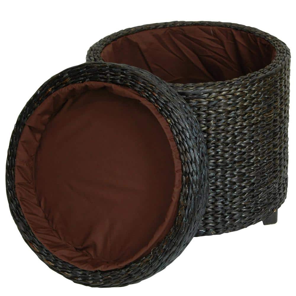 Round Black Rush Grass Storage Ottoman with Wood Frame
