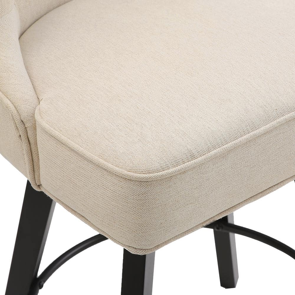 Beige Linen Upholstered Swivel Counter Stool with Solid Wood Frame