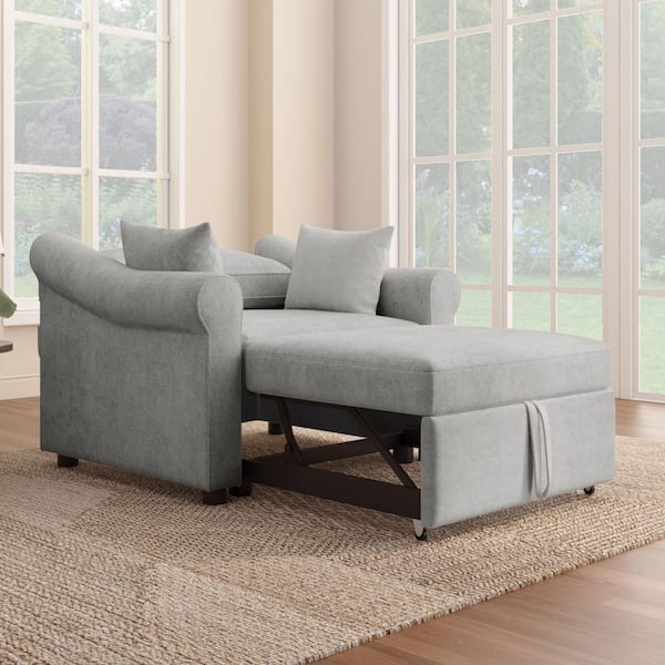 Gray Chenille Convertible Sleeper Chair with Adjustable Backrest