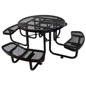 85 in. W Metal Steel 8-Person Black Round Outdoor Picnic Table with Umbrella Pole and 4 Stools for Backyard and Garden