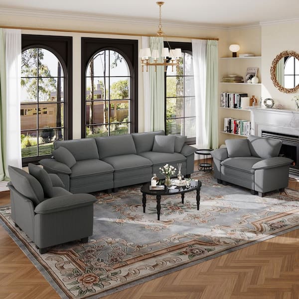 123.6 in. Flared Arm 5-Seat Corduroy Fabric Modular Sectional Sofa in Light Gray with Throw Pillows for Living Room