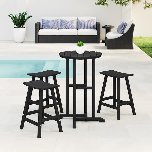 Laguna 4-Piece HDPE Weather Resistant Outdoor Patio Counter Height Bistro Set with Saddle Seat Barstools, Black