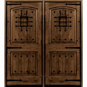 60 in. x 80 in. Mediterranean Knotty Alder Arch Top with Provincial Stain Left-Hand Wood Double Prehung Front Door