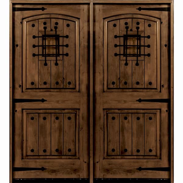 Krosswood Doors 60 in. x 80 in. Mediterranean Knotty Alder Arch Top with Provincial Stain Left-Hand Wood Double Prehung Front Door