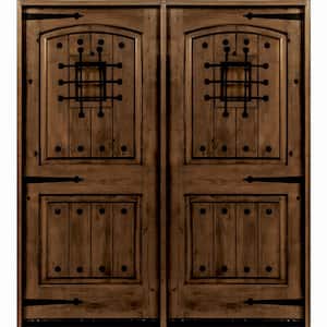 60 in. x 80 in. Mediterranean Knotty Alder Arch Top with Provincial Stain Right-Hand Wood Double Prehung Front Door