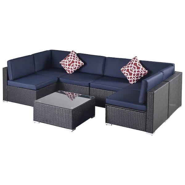 Unbranded 7-Piece PE Rattan Wicker Corner Outdoor Garden Patio Sectional Chair with Blue Cushion and Coffee Table