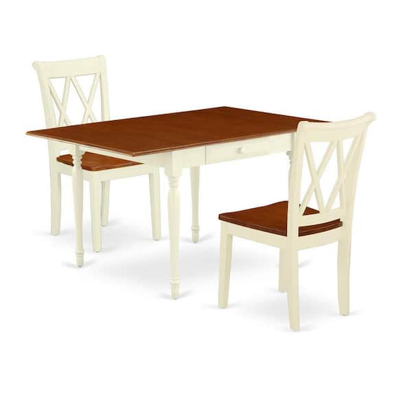 East West Furniture 3-Piece Buttermilk and Cherry Finish Solid Wood Top With Dropleaf Dining Table Set