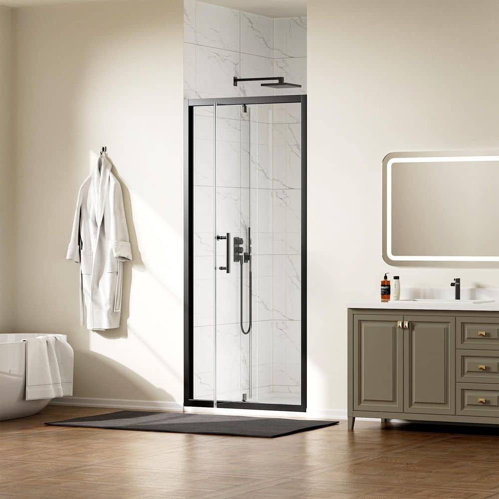 Yingze 32 in. W x 72 in. H Pivot Framed Shower Door in Matte Black