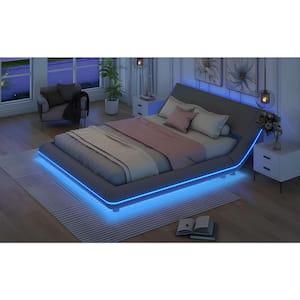 Gray Wood Frame Full Size PU Upholstered Platform Bed with LED Lights, Sloped Headboard