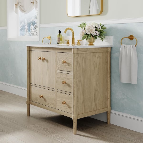 36 in. Oak Solid Wood CUPC Certified Single Sink Bath Vanity with Carrara White Quartz Top, Soft-Close, Assembled