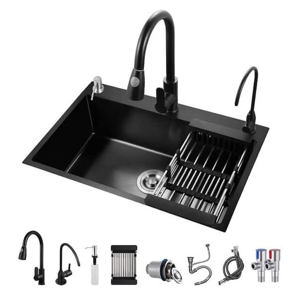 21.7 in. x 17.7 in. Drop-in Topmount Single Bowl Black Stainless Steel Kitchen Sink with Faucet, Multiple Accessories