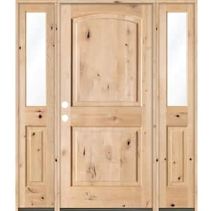 64 in. x 80 in. Rustic Unfinished Knotty Alder Arch-Top Right-Hand Double Half Sidelites Clear Glass Prehung Front Door