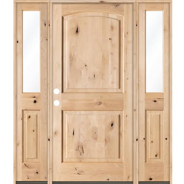 64 in. x 80 in. Rustic Unfinished Knotty Alder Arch-Top Right-Hand Double Half Sidelites Clear Glass Prehung Front Door
