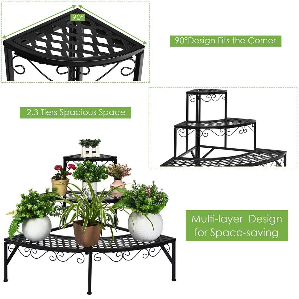 Elegant Black Metal 3-Tier Corner Plant Stand Display Rack