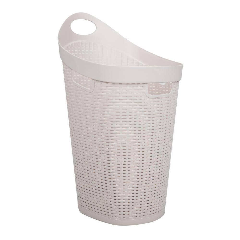 Ivory Wicker-look Plastic Upright Laundry Hamper with Wheels