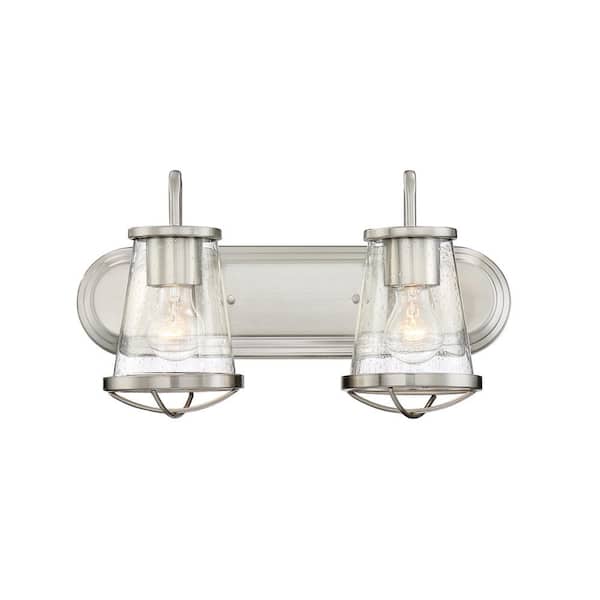 Designers Fountain Darby 18 in. 2-Light Satin Platinum Industrial Vanity Light with Clear Seeded Glass Shades