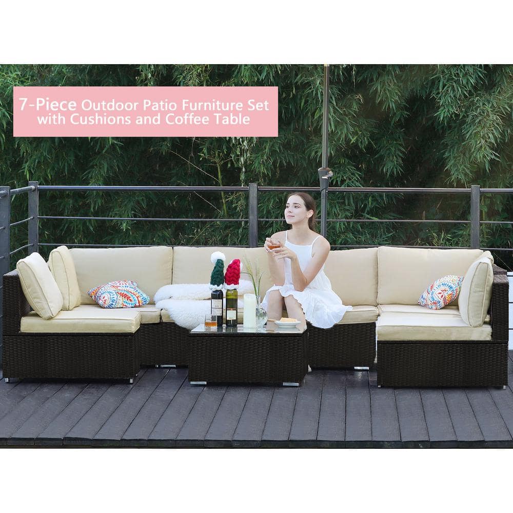 HZY 7-Pieces Black Wicker Outdoor Sectional Set with Beige Cushions and Cof