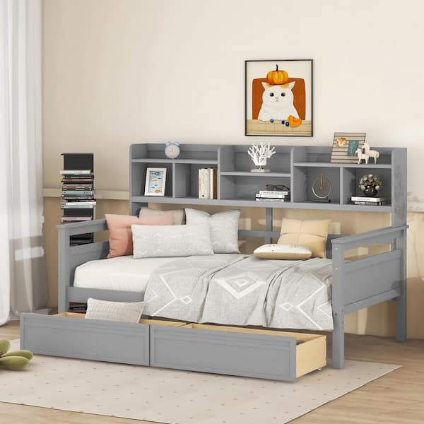 Harper & Bright Designs Gray Twin Size Wood Daybed with Bedside Shelves and 2-Drawers