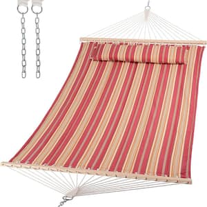 12 ft. Double Tree Hammock with Hardwood Spreader Bar, Extra Large Soft Pillow (Red Stripes)