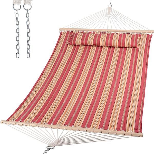 Dyiom 12 ft. Double Tree Hammock with Hardwood Spreader Bar, Extra Large Soft Pillow (Red Stripes)