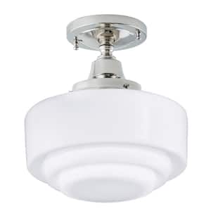 Schoolhouse 9.5 in. 1-Light Polished Nickel with Stepped Glass Flush Mount