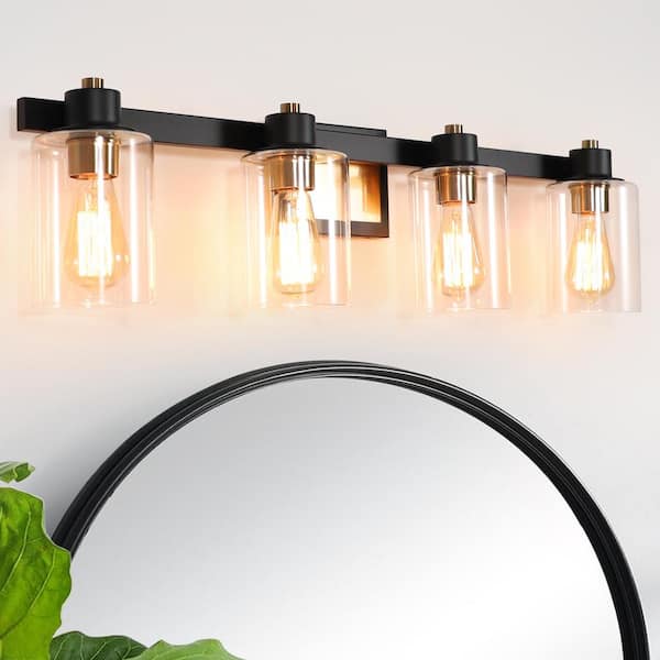 31.5 in. 4-Light Matte Black and Gold Bathroom Vanity Light with Clear Glass Shades