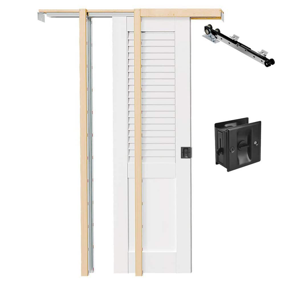 30 in. x 80 in. Primed Wood Top Louvered Sliding Pocket Door with Frame, Black Lock and Soft Close Incl Landry Door price history on PriceWatchPro