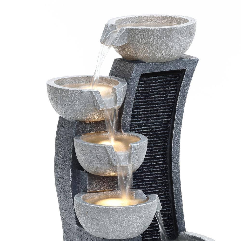 LuxenHome 26" Gray Resin 5-Bowl Outdoor Fountain with Lights