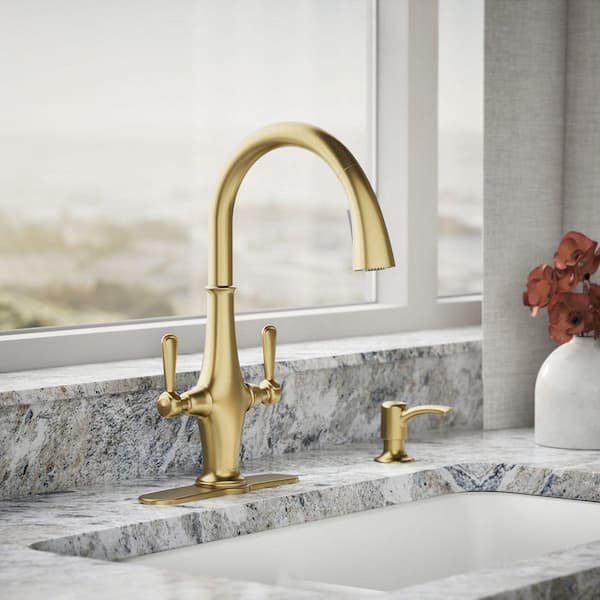 Pannier Two-Handle Pull Down Sprayer Kitchen Faucet in Vibrant Brushed Moderne Brass