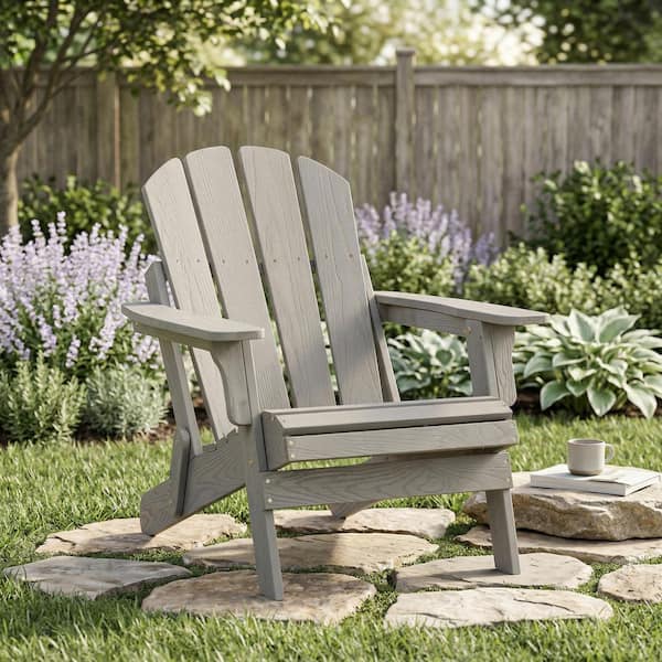 Grey Folding Wood Outdoor Adirondack Chair Oversize Patio Lounge