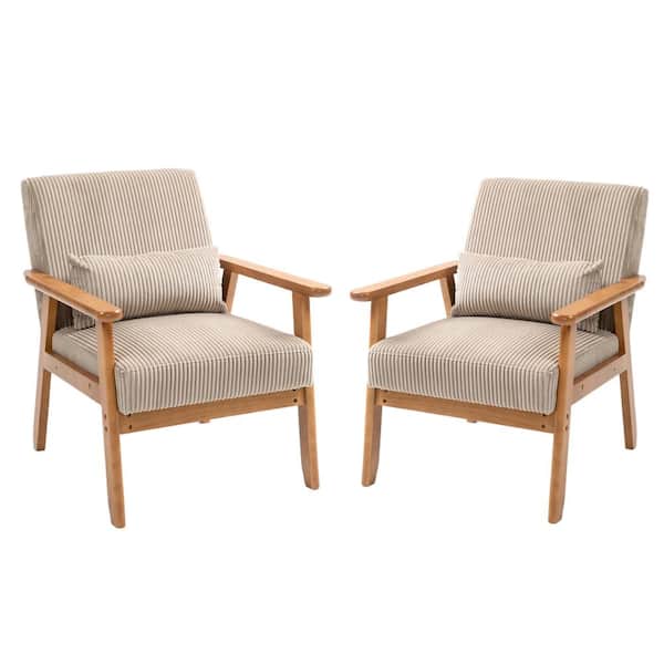 Unbranded Brown Corduroy Accent Armchair Set of 2 with Solid Wood Armrest Rubber Wood Legs Leisure Chair Single Sofa with Pillow
