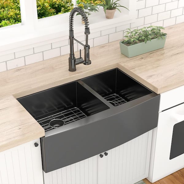 36 in. Apron-Front Farmhouse Double Bowl 60/40 16-Gauge Gunmetal Black Stainless Steel Kitchen Sink