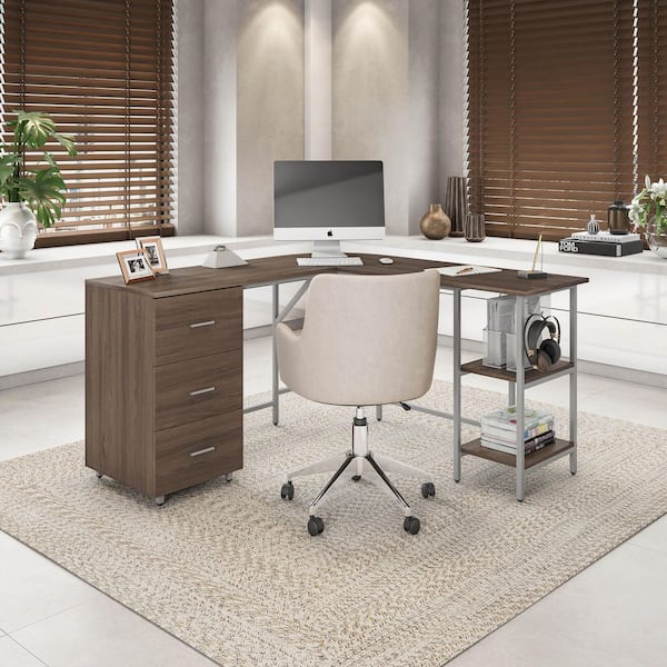 TECHNI MOBILI 59 in. W L-Shape Walnut Home Office 2-Tone Desk with Storage Computer Desk