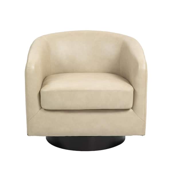Cream PU Leather Upholstered 360° Swivel Arm Chair with Wood Base (Set of 1)