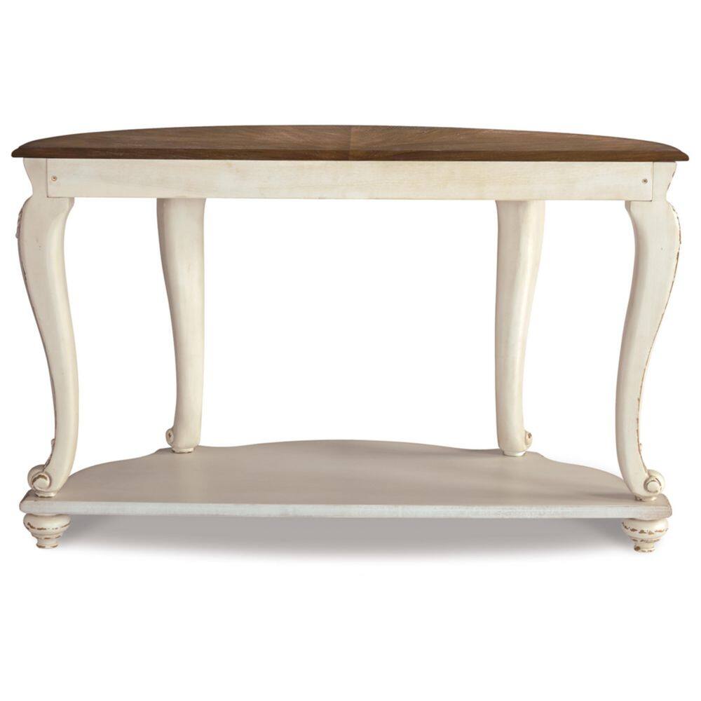 Realyn Demilune Sofa Table with Storage in Distressed White/Brown