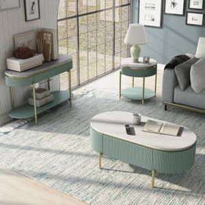 Kivelle 47.75 in. 3-Piece Green and White Large Oval Wood Coffee Table Set with Drawer