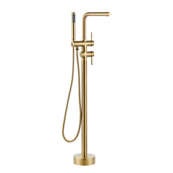 Single Handle Freestanding Floor Mount Tub Faucet with Hand Shower with Swivel Gooseneck Spout in Brushed Gold