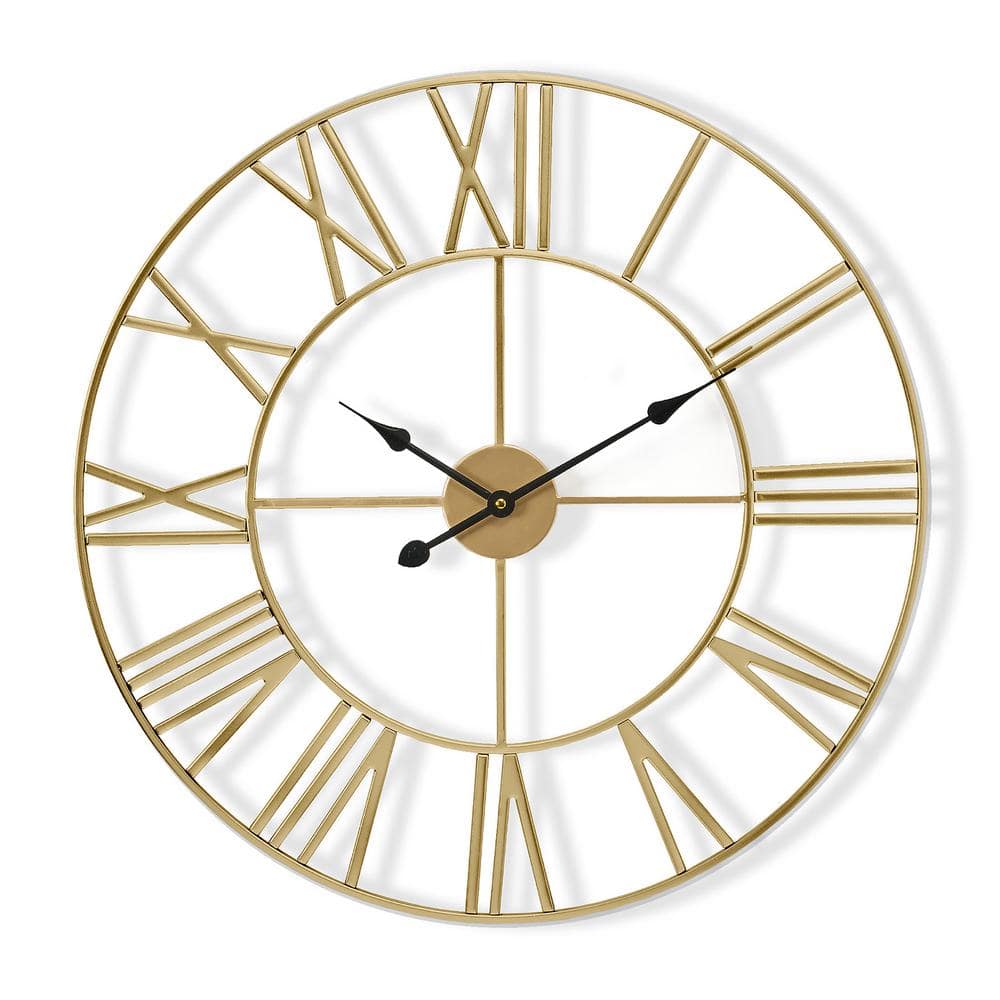 Oversized Gold Metal Roman Numeral Wall Clock
