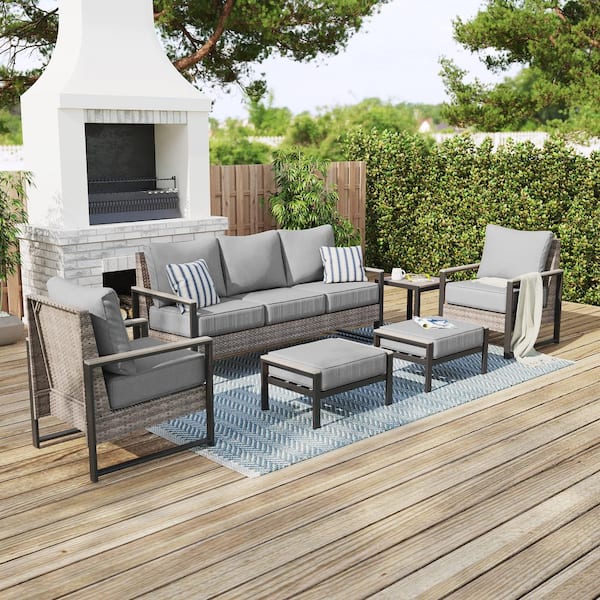 6 Pieces Patio Conversation Set Sofa Set with Ottomans and Side Table Gray PE Wicker with Gray Cushion