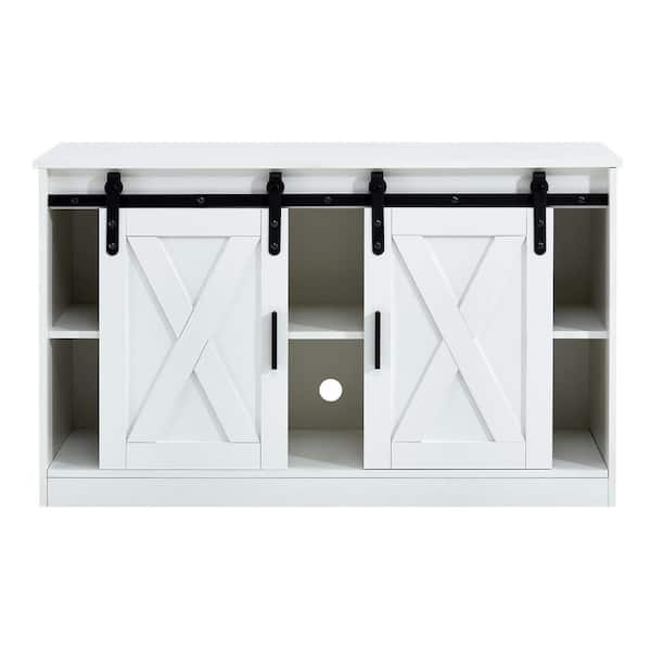 Tileon White Decorative Wooden TV Storage Cabinet with 2 Sliding Barn Doors, Pantry Organizer