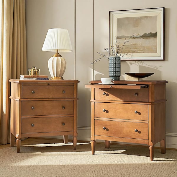Fabien Teak 3-Drawer 28 in. W Nightstand with Solid Wood Legs (Set of 2)