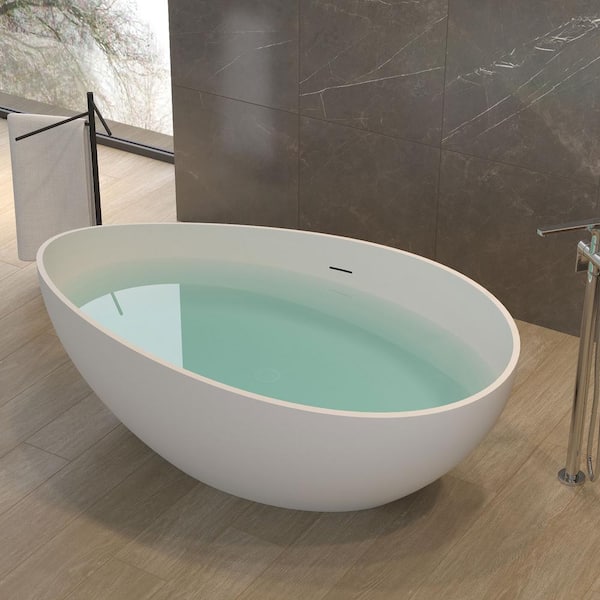 63 in. x 37.4 in. Freestanding Soaking Solid Surface Bathtub with Center Drain in Matte White