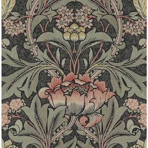 30.75 sq. ft. Charcoal and Rosewood Acanthus Floral Vinyl Peel and Stick Wallpaper Roll