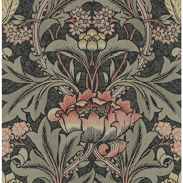NextWall 30.75 sq. ft. Charcoal and Rosewood Acanthus Floral Vinyl Peel and Stick Wallpaper Roll