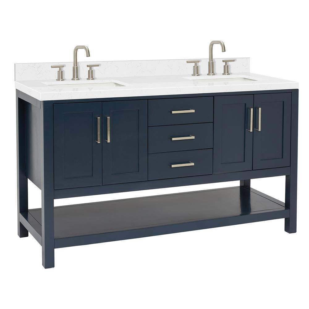 Midnight Blue Solid Wood Double Sink Freestanding Vanity with Quartz Top